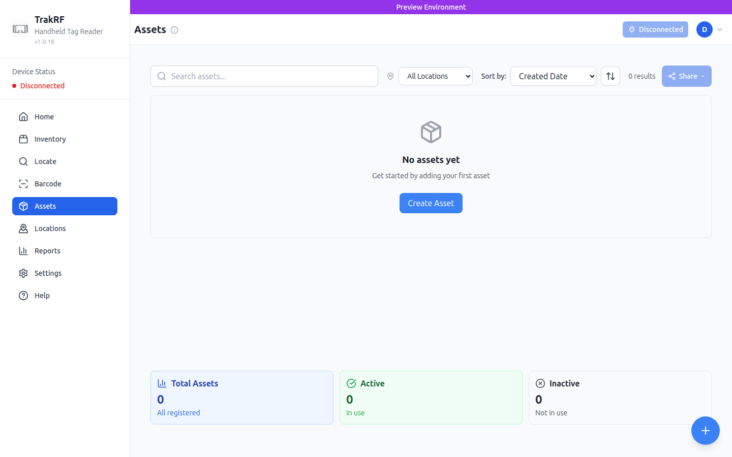 Empty Assets page — No assets yet, Create Asset CTA, and footer cards