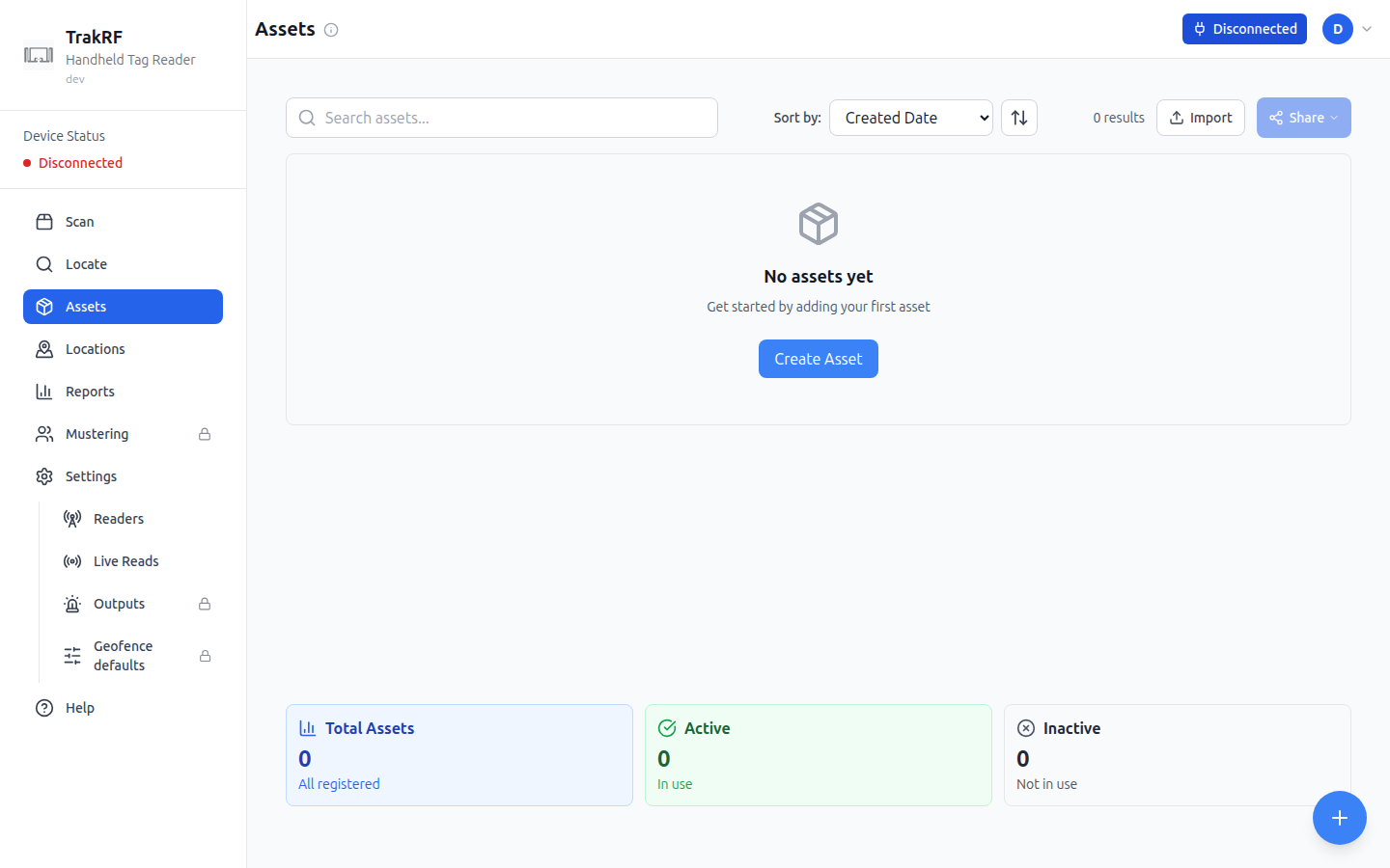 Empty Assets page — No assets yet, Create Asset CTA, and footer cards