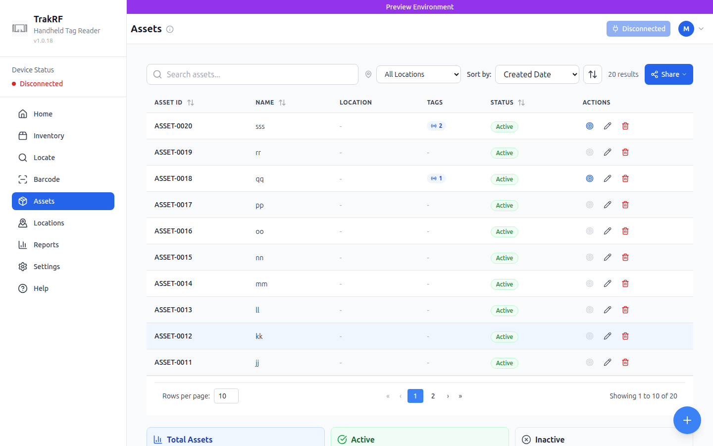 Populated Assets list — table with Asset ID, Name, Location, Tags, Status, Actions columns and a Share action