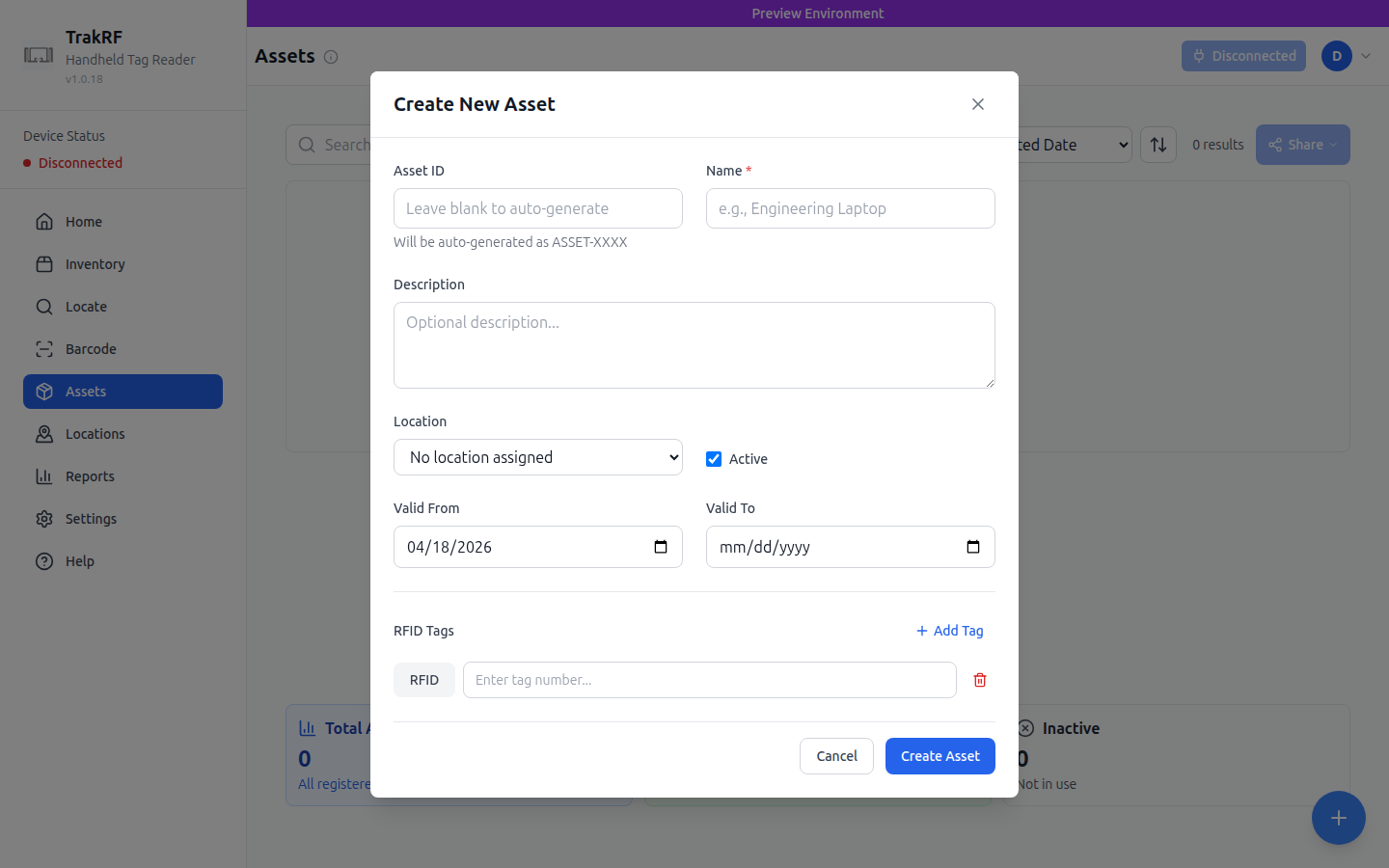 Create New Asset modal — Asset ID, Name, Description, Location, Active, Valid From/To, RFID Tags