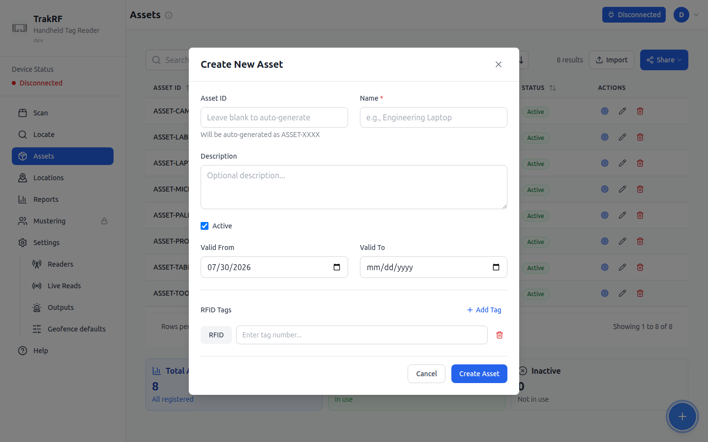 Create New Asset modal — Asset ID, Name, Description, Active, Valid From/To, RFID Tags