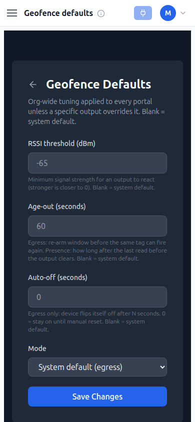 Geofence defaults mobile screenshot