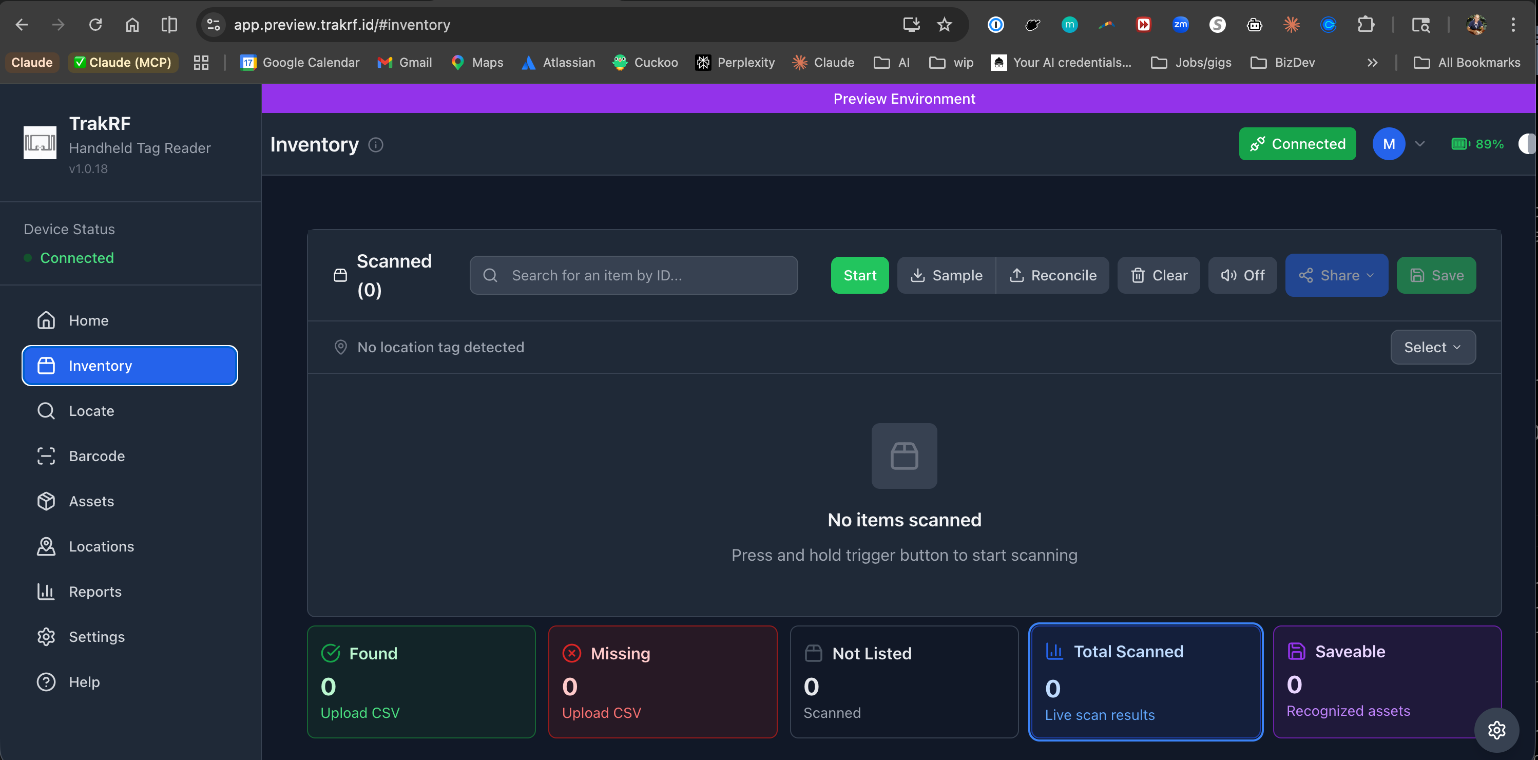 Inventory page ready to scan — device connected (89%), empty Scanned list, full toolbar, empty footer stats