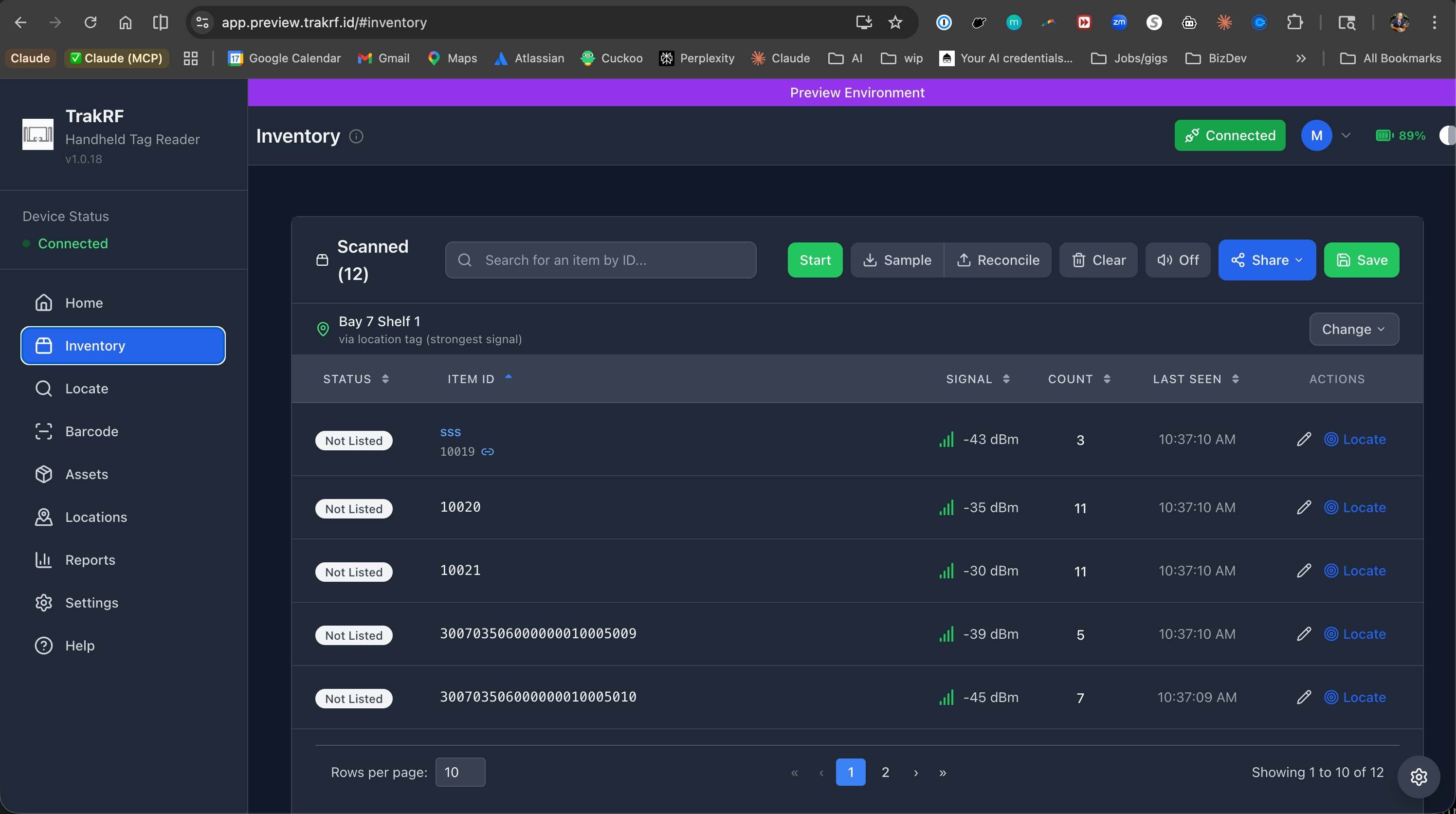Inventory mid-scan — 12 tags captured at Bay 7 Shelf 1 via location tag, per-row signal and count