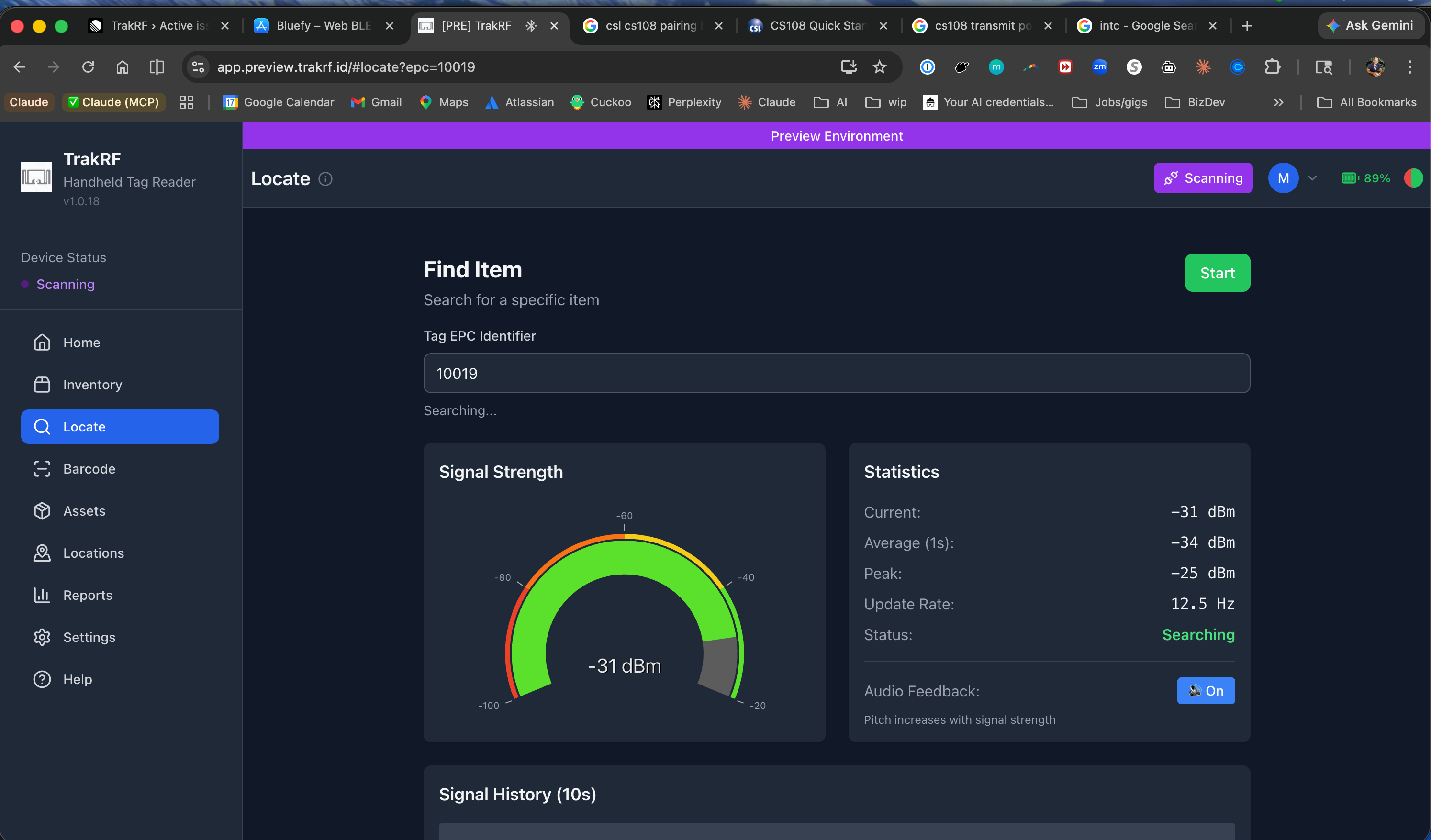 Locate screen searching for EPC 10019 — signal-strength gauge reading -31 dBm, stats panel, audio feedback on