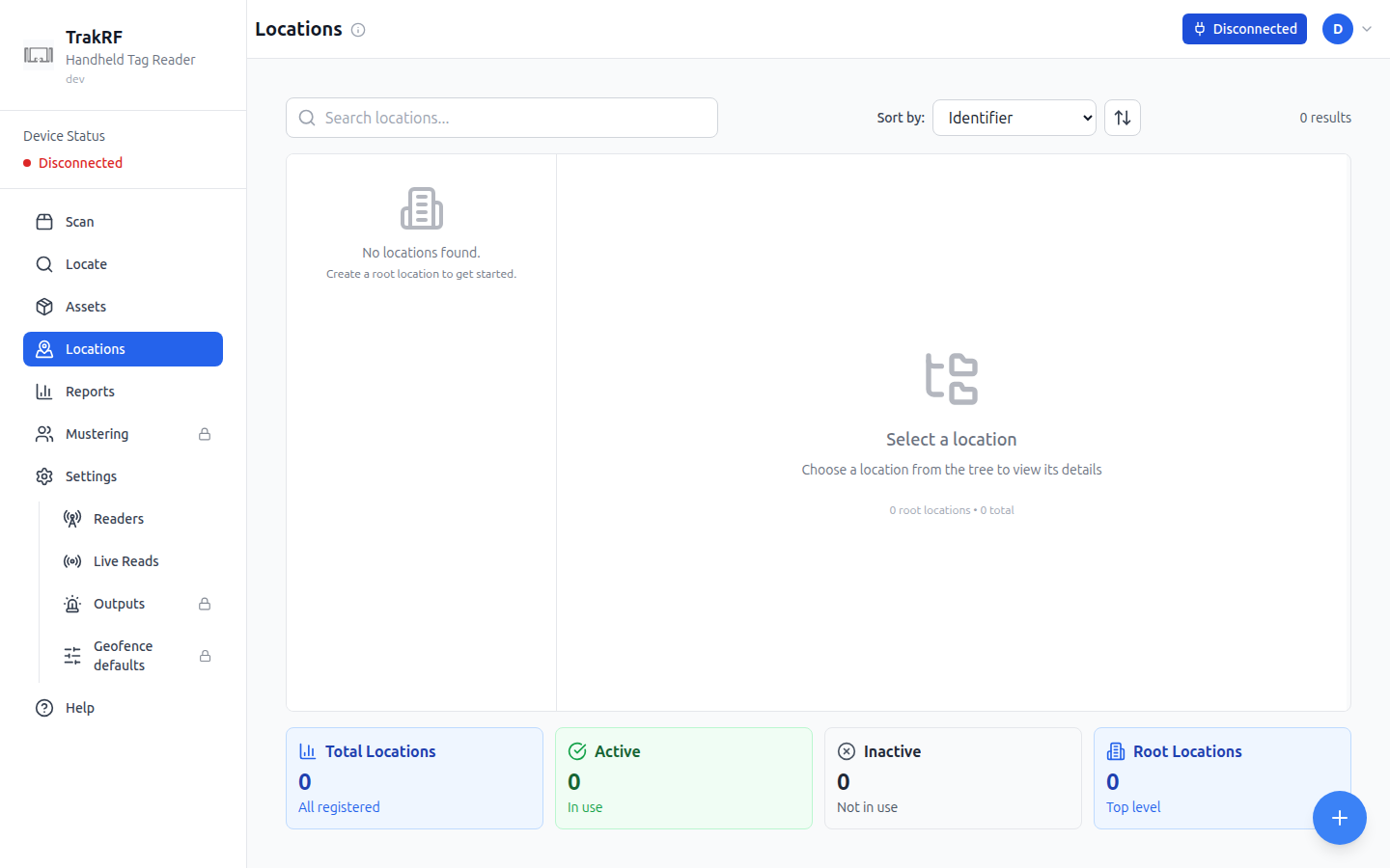 Empty Locations page — empty tree, prompt to create a root location, and floating + button