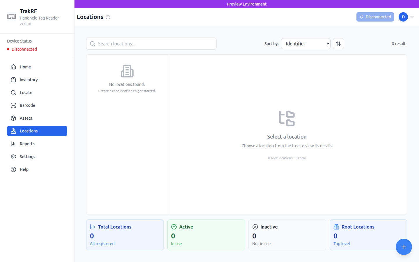 Empty Locations page — empty tree, prompt to create a root location, and floating + button