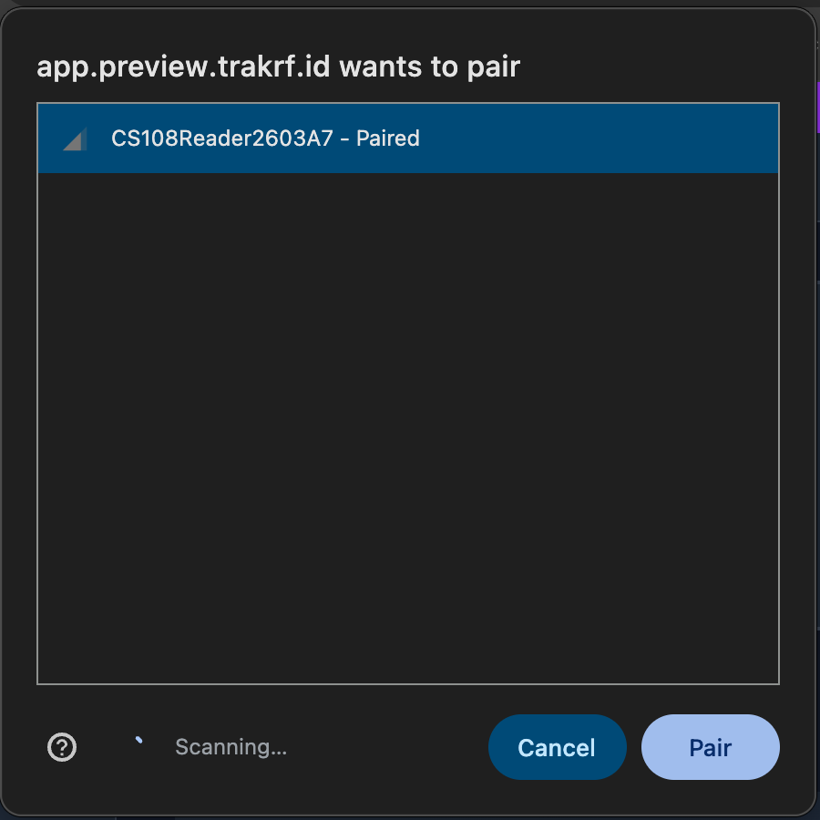 Chrome Web BLE pairing dialog showing a CS108 reader