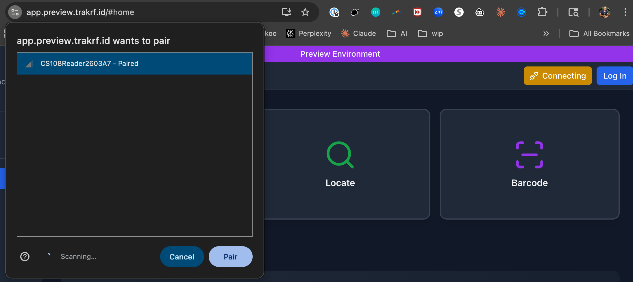 Chrome Web BLE pairing dialog showing a CS108 reader