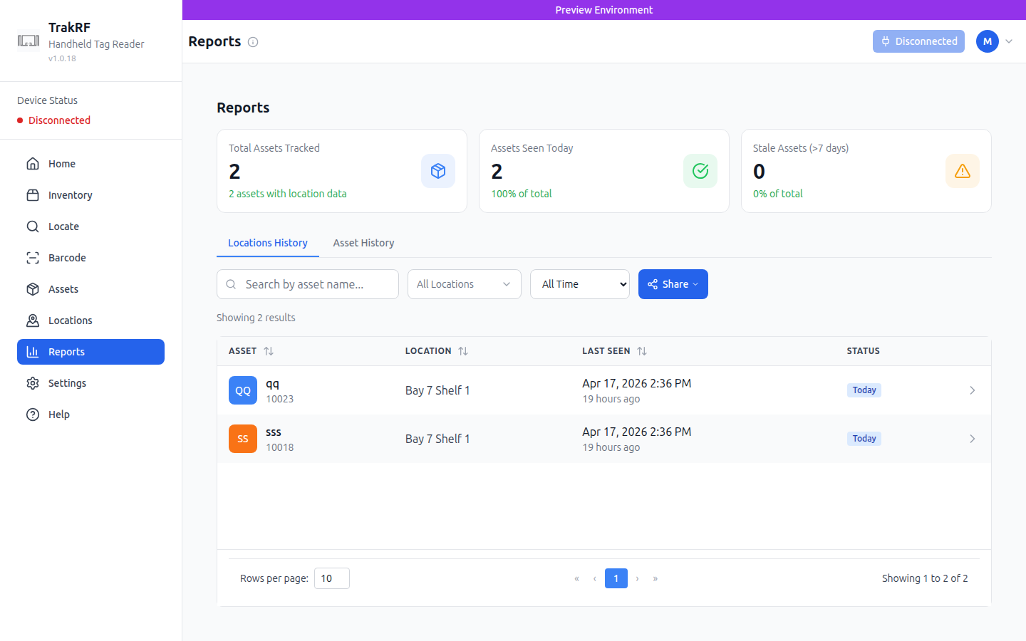 Reports page with two assets in Locations History at Bay 7 Shelf 1, both seen today