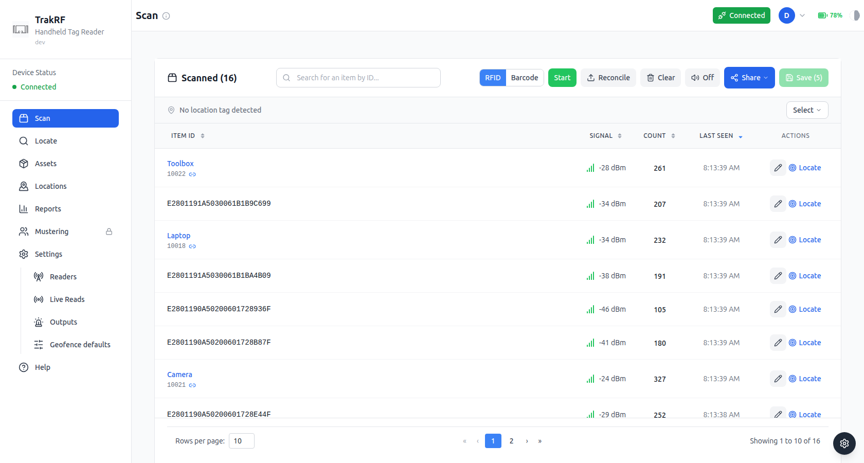 Scan toolbar in RFID mode with RFID selected and 16 tags scanned — recognized assets such as Toolbox and Camera listed by name alongside raw EPCs, each with signal strength and read count