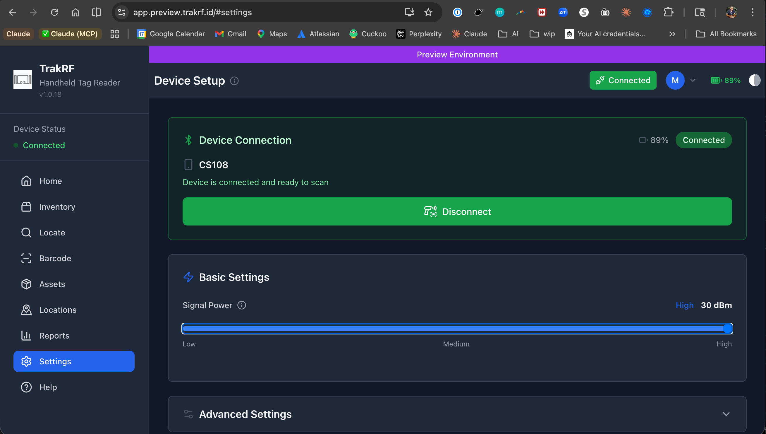 Device Setup page with a CS108 connected — green Device Connection card, battery %, and the Signal Power slider