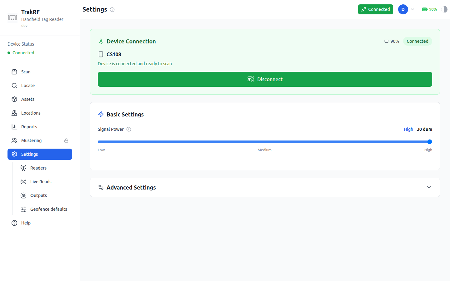 Settings page with a CS108 connected — green Device Connection card, battery %, and the Signal Power slider