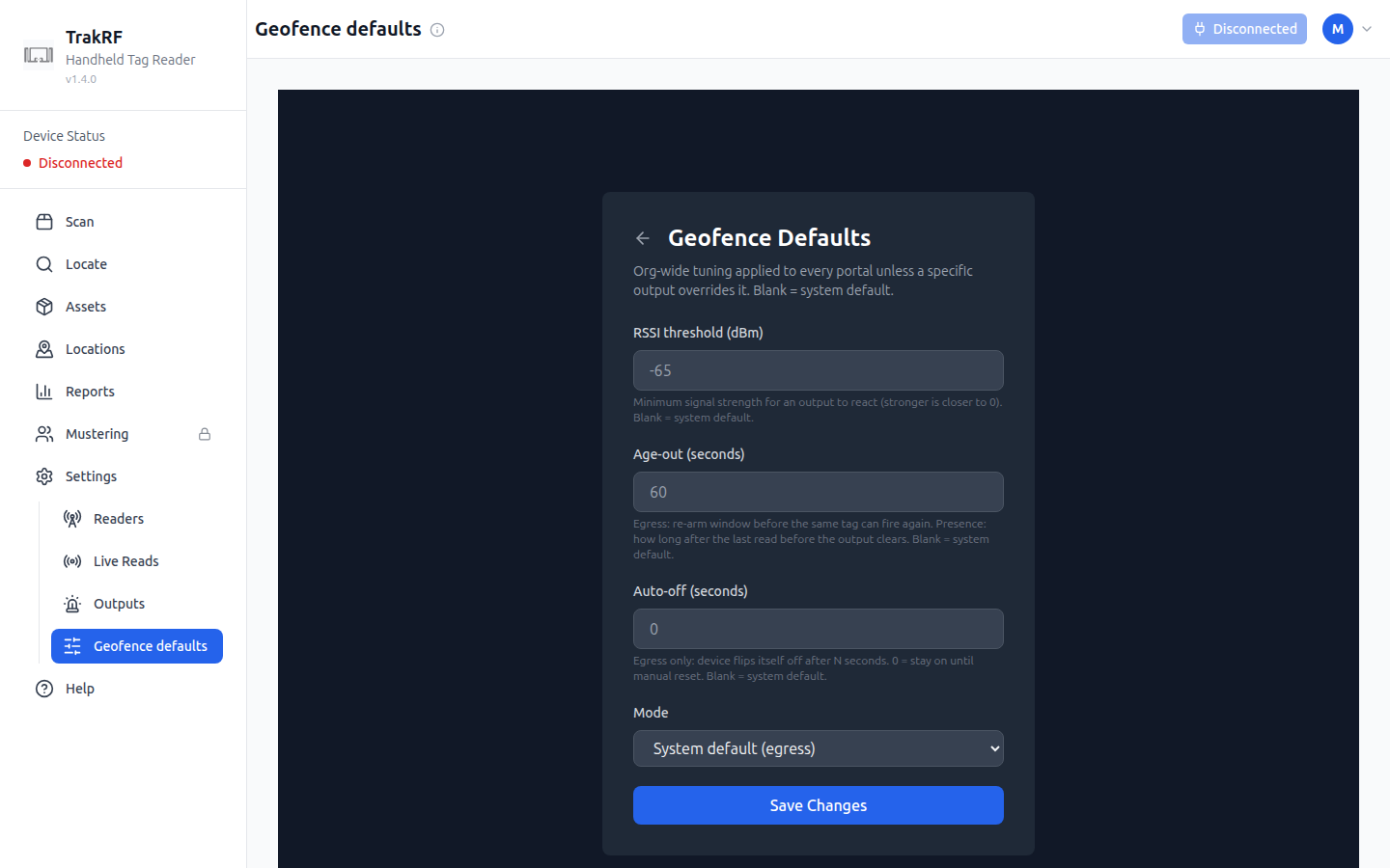 Geofence defaults screenshot